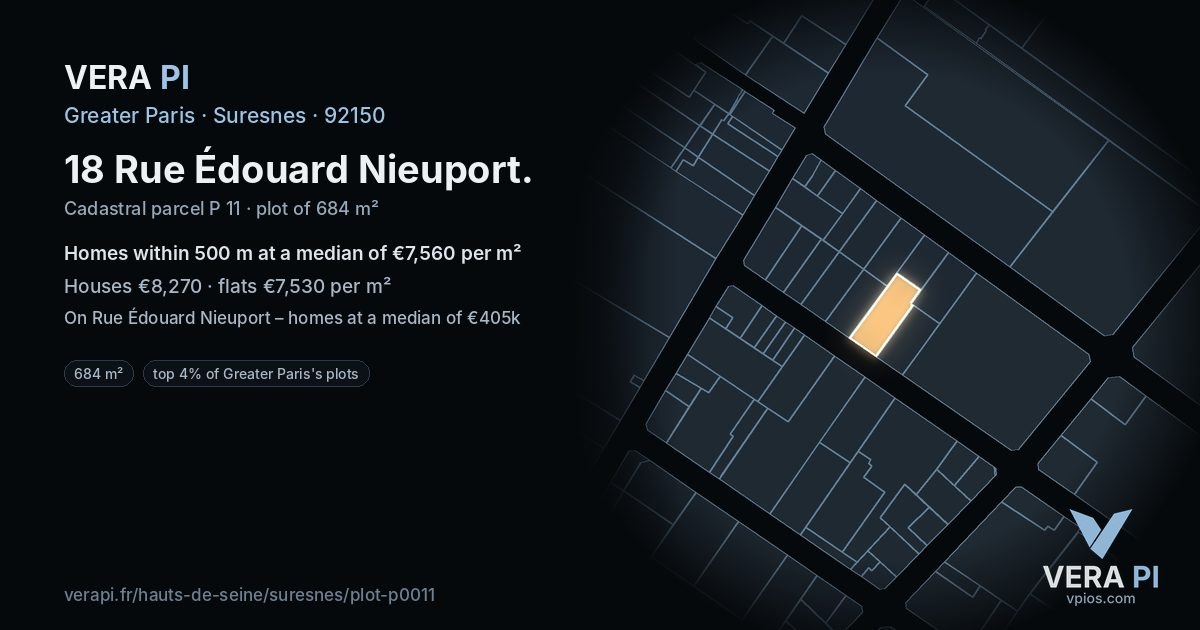 18 Rue Édouard Nieuport, Suresnes at night – the plot lit, the parcels around coloured by the prices near them