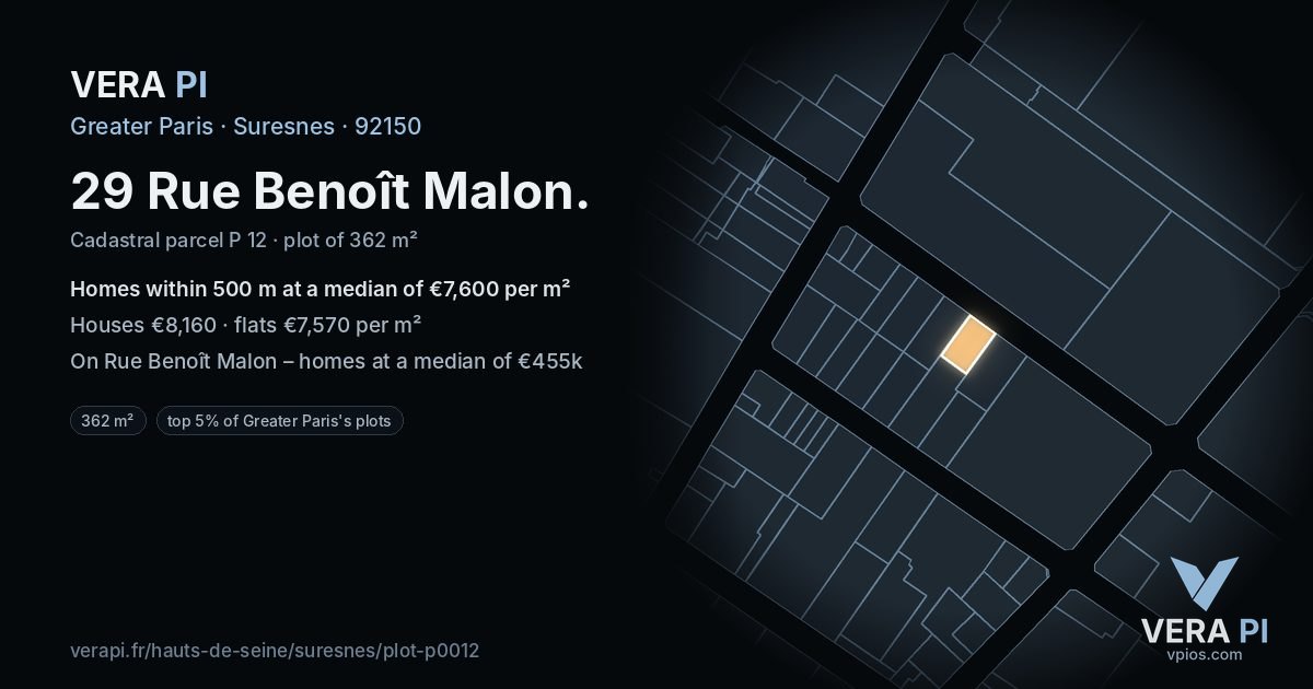 29 Rue Benoît Malon, Suresnes at night – the plot lit, the parcels around coloured by the prices near them