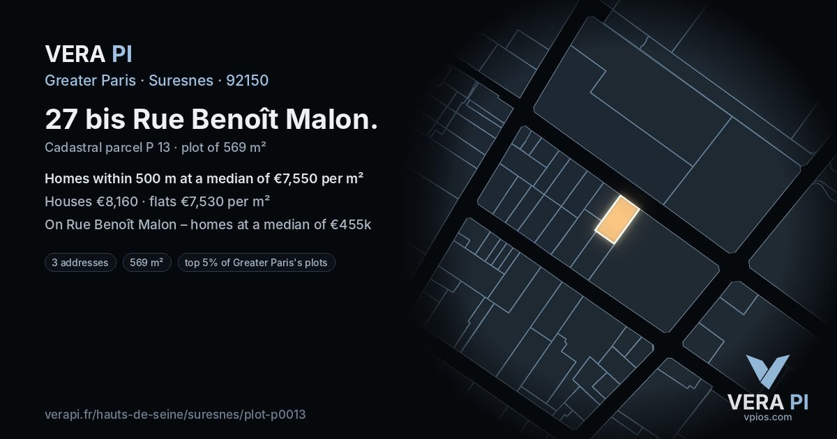 27 bis Rue Benoît Malon, Suresnes at night – the plot lit, the parcels around coloured by the prices near them