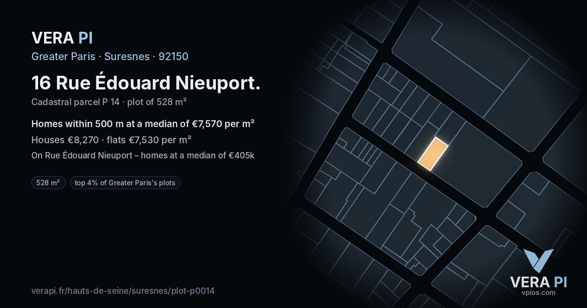 16 Rue Édouard Nieuport, Suresnes at night – the plot lit, the parcels around coloured by the prices near them