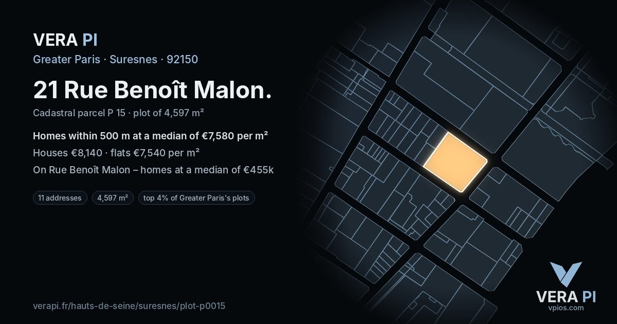 21 Rue Benoît Malon, Suresnes at night – the plot lit, the parcels around coloured by the prices near them