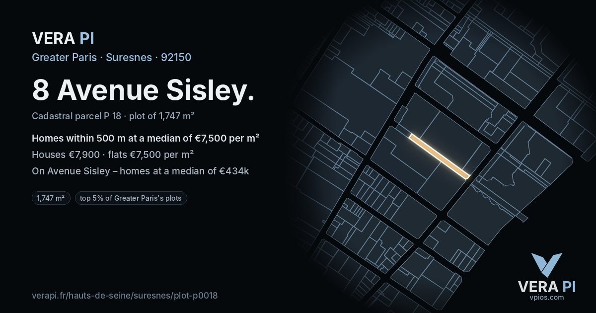 8 Avenue Sisley, Suresnes at night – the plot lit, the parcels around coloured by the prices near them