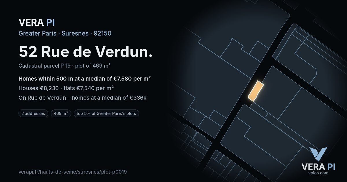 52 Rue de Verdun, Suresnes at night – the plot lit, the parcels around coloured by the prices near them