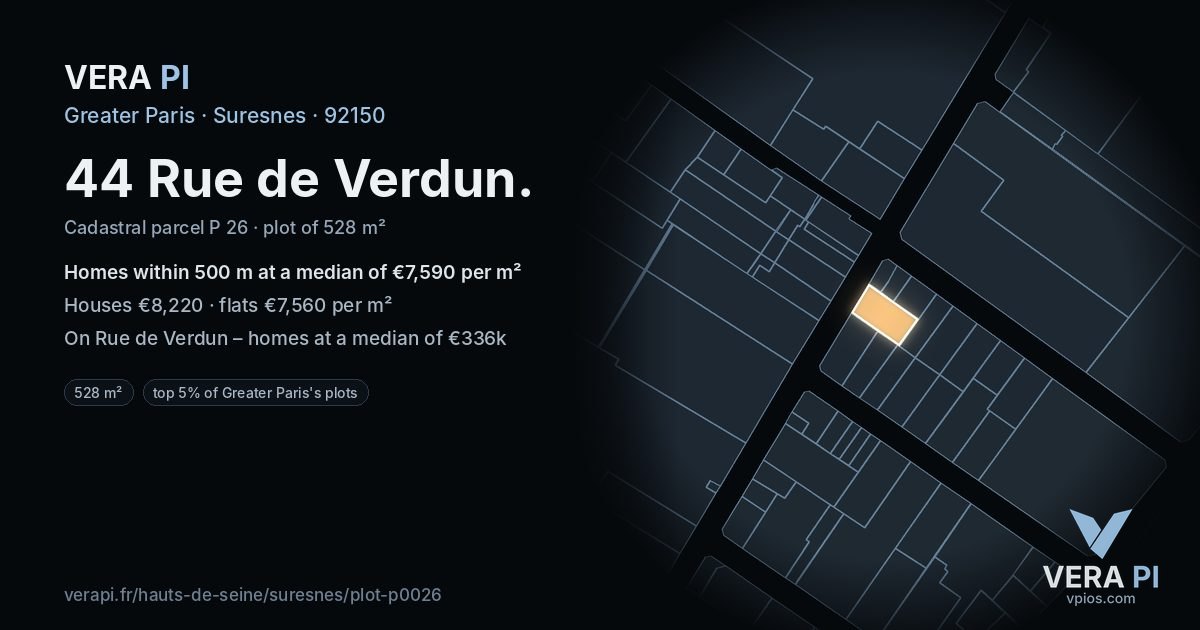 44 Rue de Verdun, Suresnes at night – the plot lit, the parcels around coloured by the prices near them