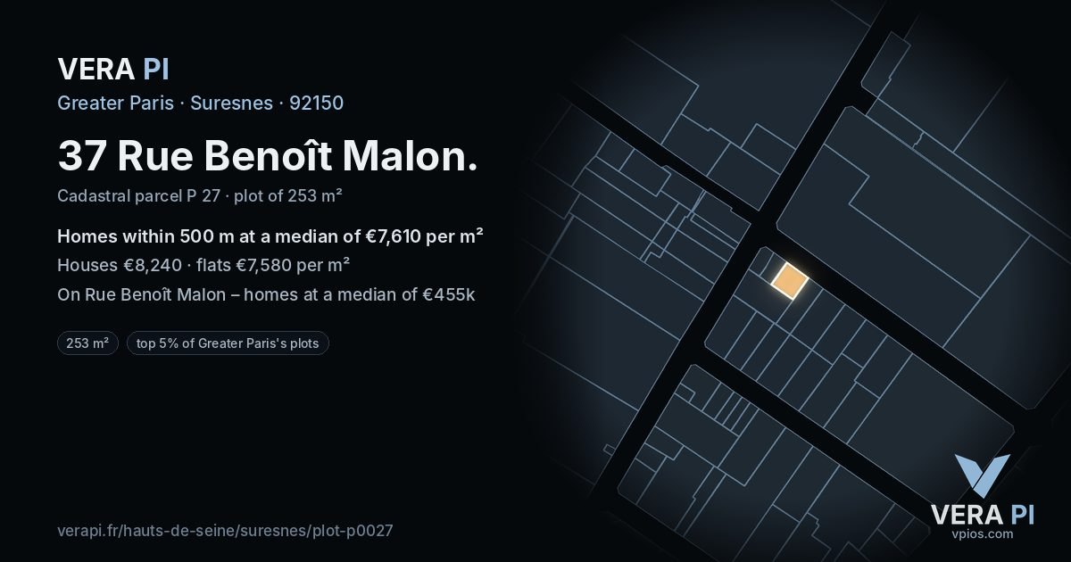 37 Rue Benoît Malon, Suresnes at night – the plot lit, the parcels around coloured by the prices near them
