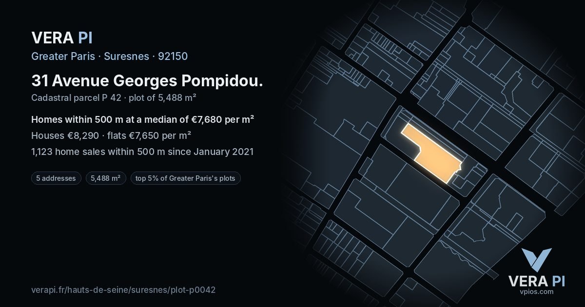 31 Avenue Georges Pompidou, Suresnes at night – the plot lit, the parcels around coloured by the prices near them