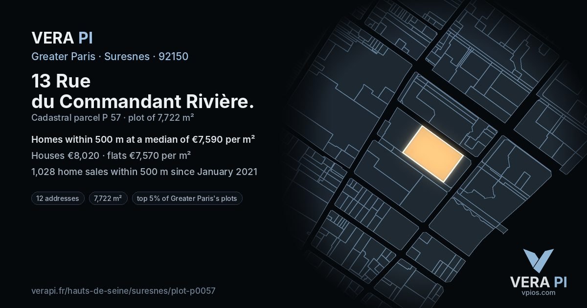 13 Rue du Commandant Rivière, Suresnes at night – the plot lit, the parcels around coloured by the prices near them