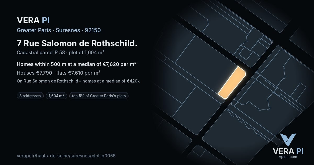 7 Rue Salomon de Rothschild, Suresnes at night – the plot lit, the parcels around coloured by the prices near them