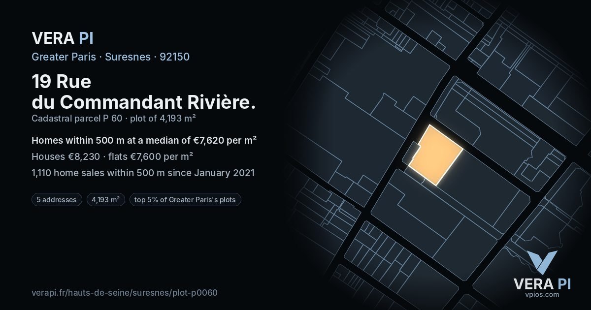 19 Rue du Commandant Rivière, Suresnes at night – the plot lit, the parcels around coloured by the prices near them