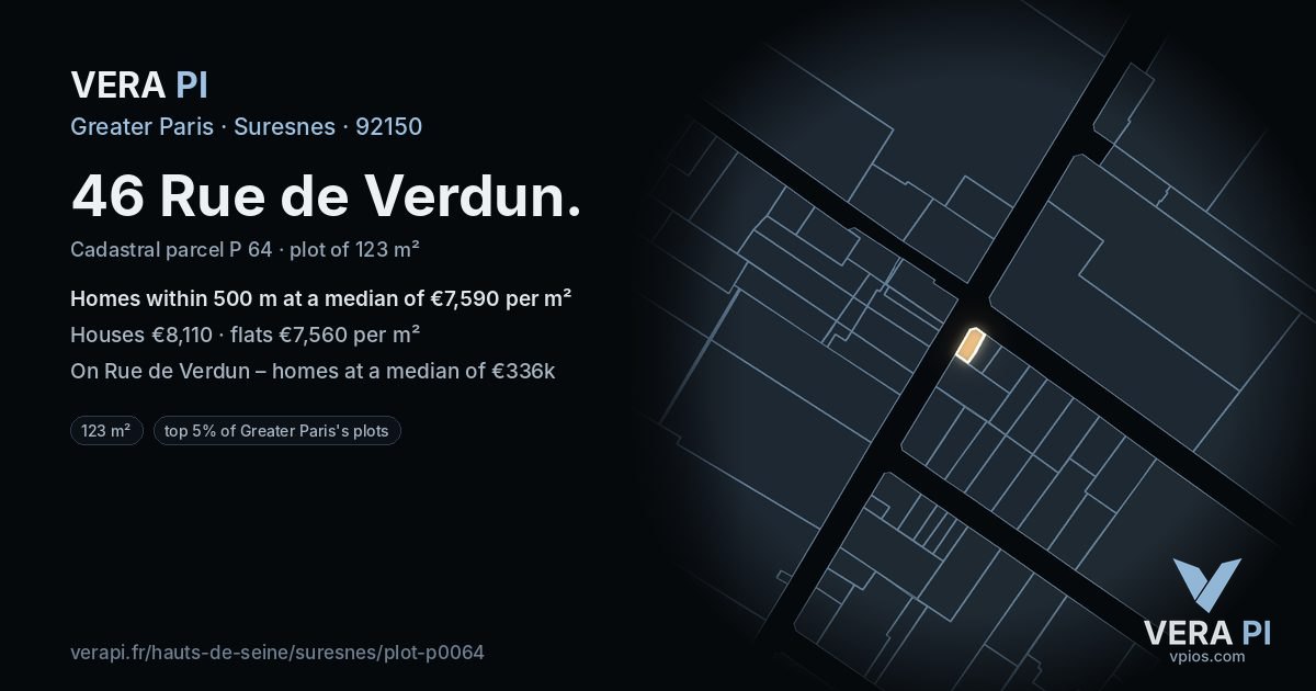 46 Rue de Verdun, Suresnes at night – the plot lit, the parcels around coloured by the prices near them