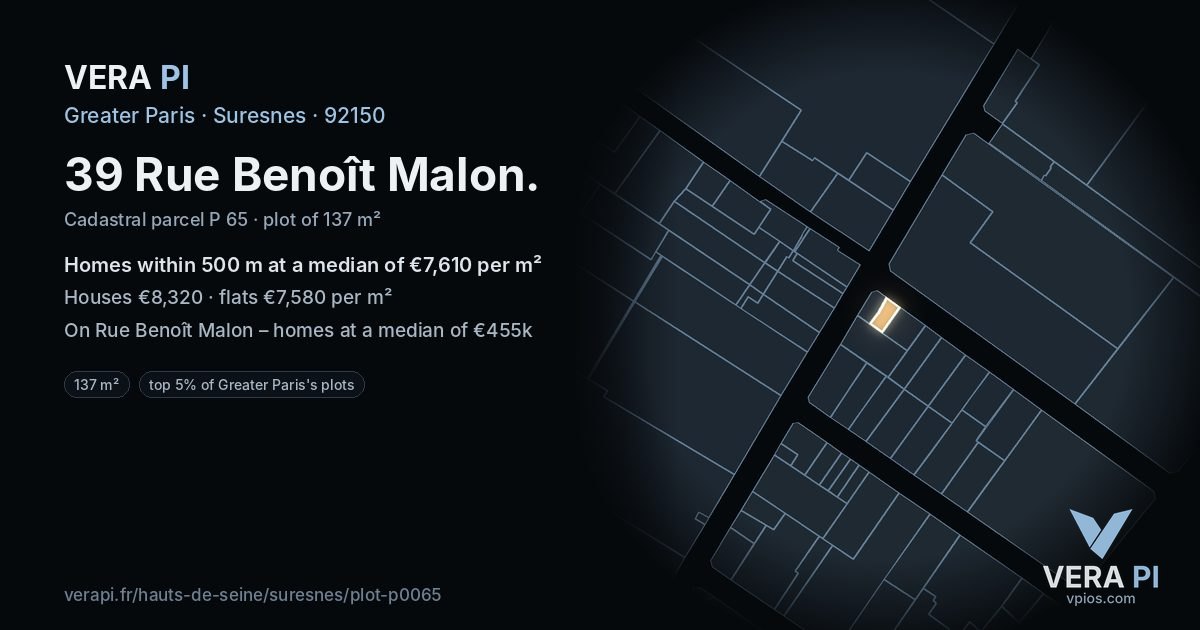 39 Rue Benoît Malon, Suresnes at night – the plot lit, the parcels around coloured by the prices near them