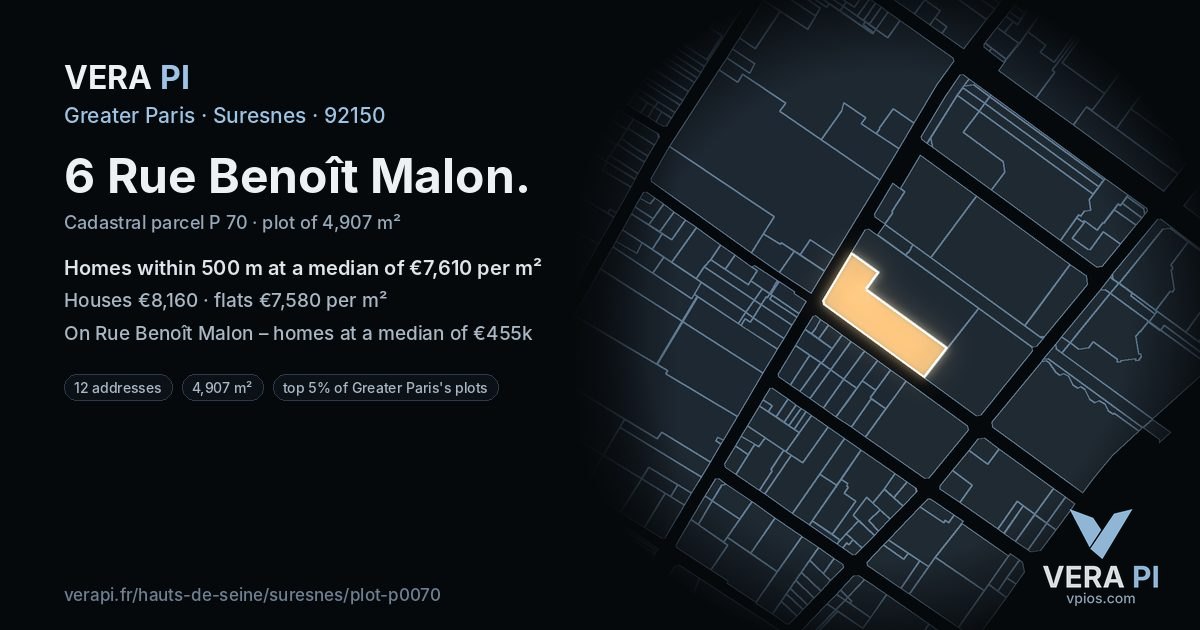 6 Rue Benoît Malon, Suresnes at night – the plot lit, the parcels around coloured by the prices near them