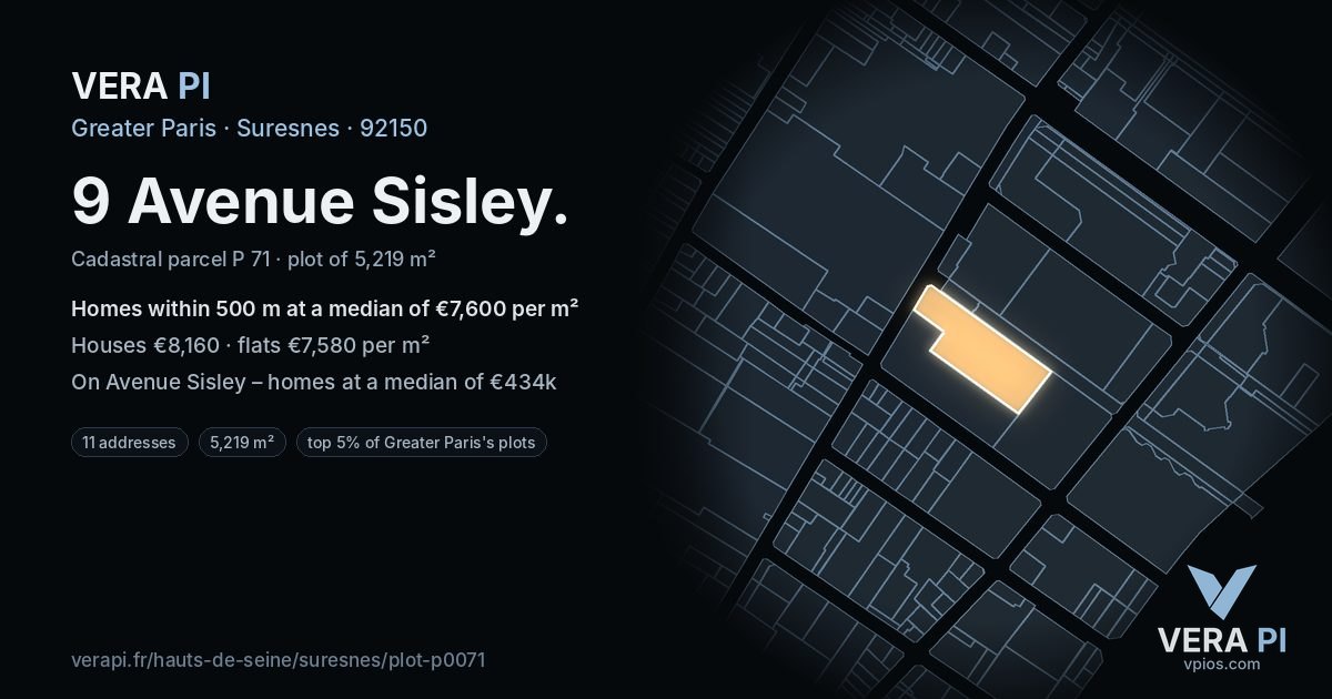 9 Avenue Sisley, Suresnes at night – the plot lit, the parcels around coloured by the prices near them