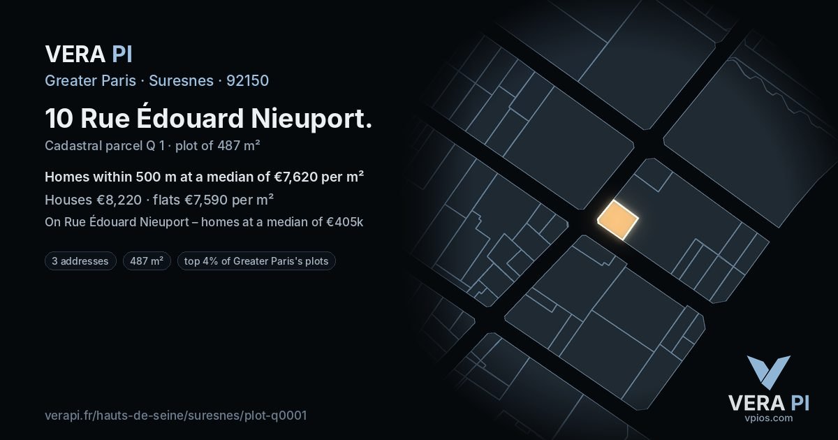 10 Rue Édouard Nieuport, Suresnes at night – the plot lit, the parcels around coloured by the prices near them