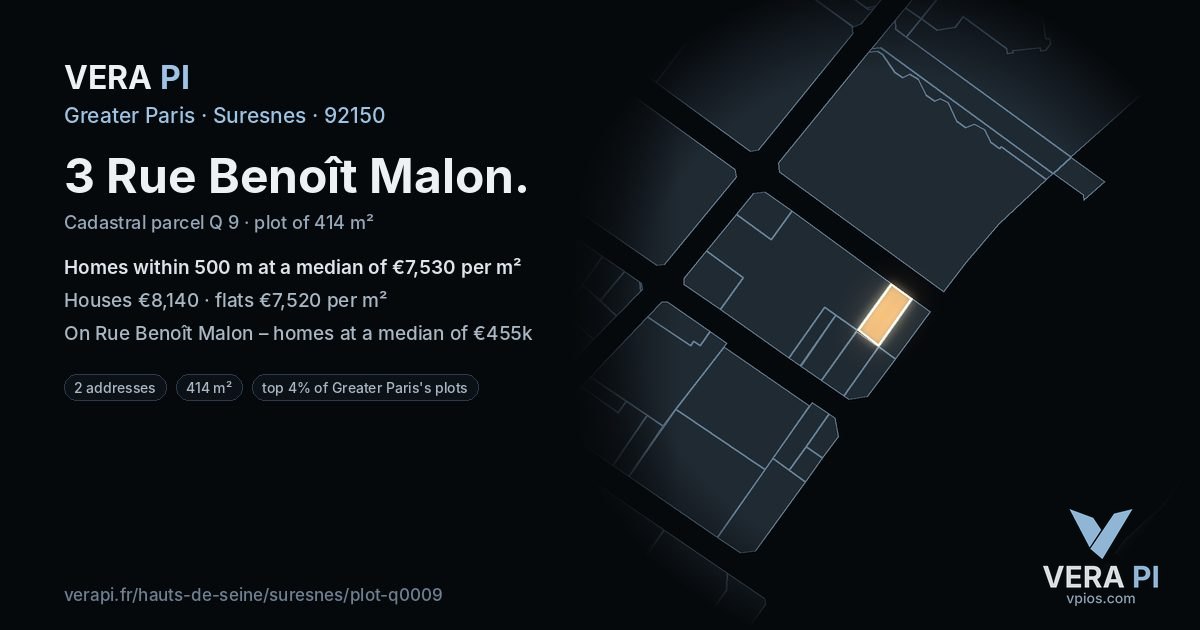 3 Rue Benoît Malon, Suresnes at night – the plot lit, the parcels around coloured by the prices near them