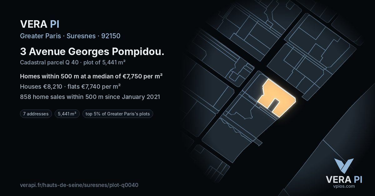 3 Avenue Georges Pompidou, Suresnes at night – the plot lit, the parcels around coloured by the prices near them