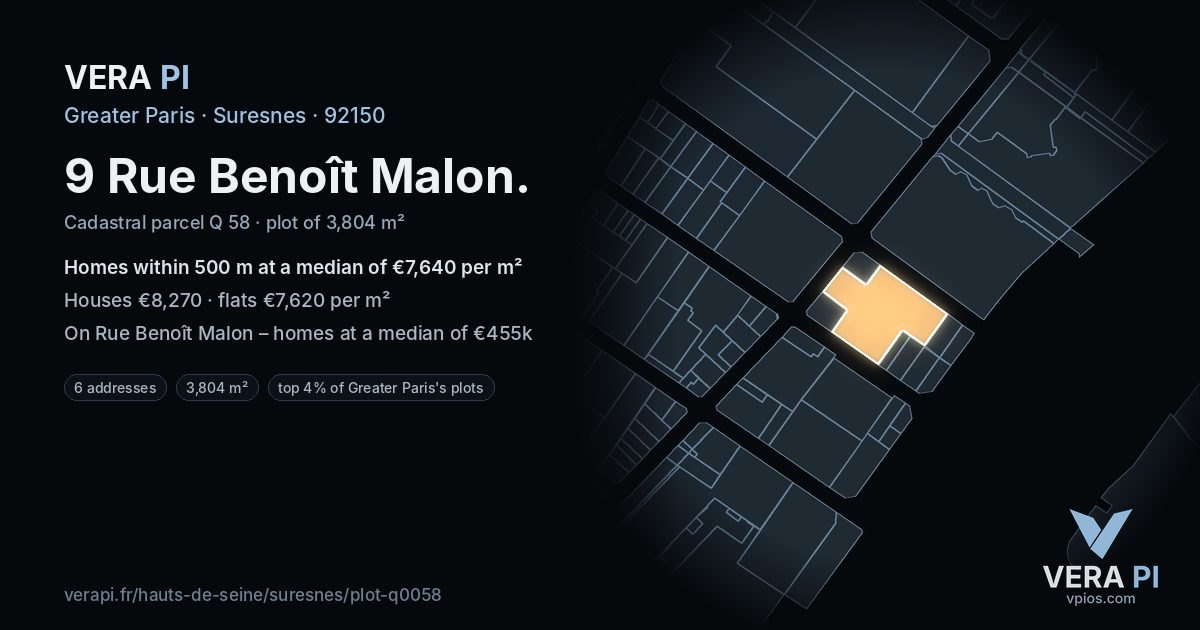 9 Rue Benoît Malon, Suresnes at night – the plot lit, the parcels around coloured by the prices near them