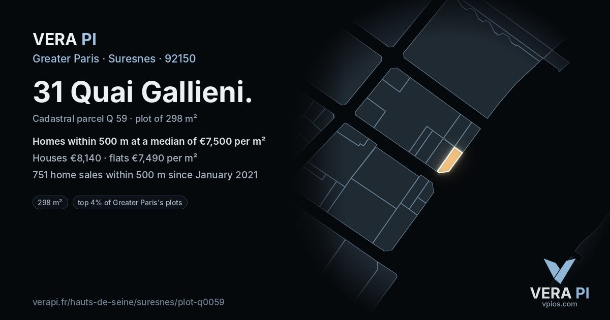 31 Quai Gallieni, Suresnes at night – the plot lit, the parcels around coloured by the prices near them