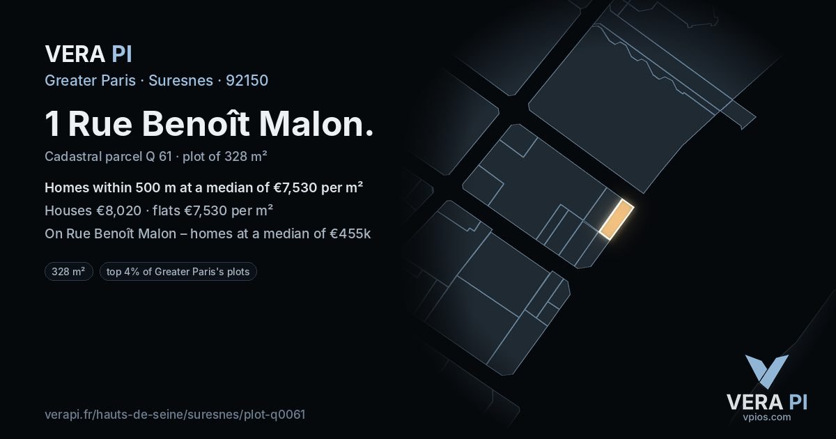 1 Rue Benoît Malon, Suresnes at night – the plot lit, the parcels around coloured by the prices near them