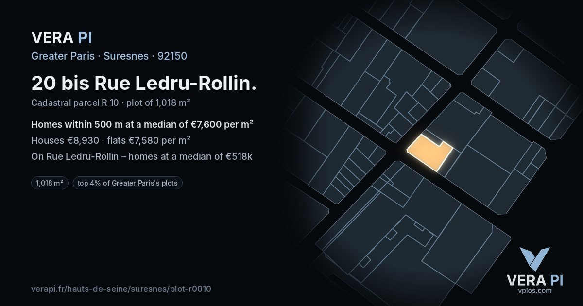 20 bis Rue Ledru-Rollin, Suresnes at night – the plot lit, the parcels around coloured by the prices near them