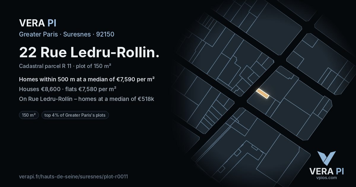 22 Rue Ledru-Rollin, Suresnes at night – the plot lit, the parcels around coloured by the prices near them