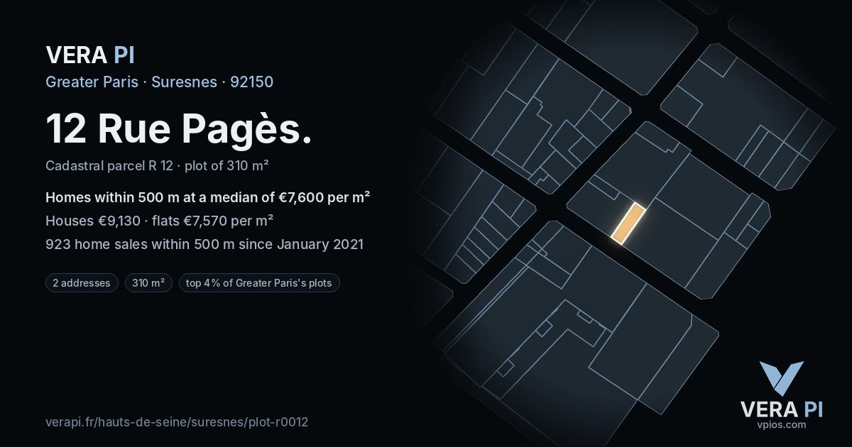 12 Rue Pagès, Suresnes at night – the plot lit, the parcels around coloured by the prices near them