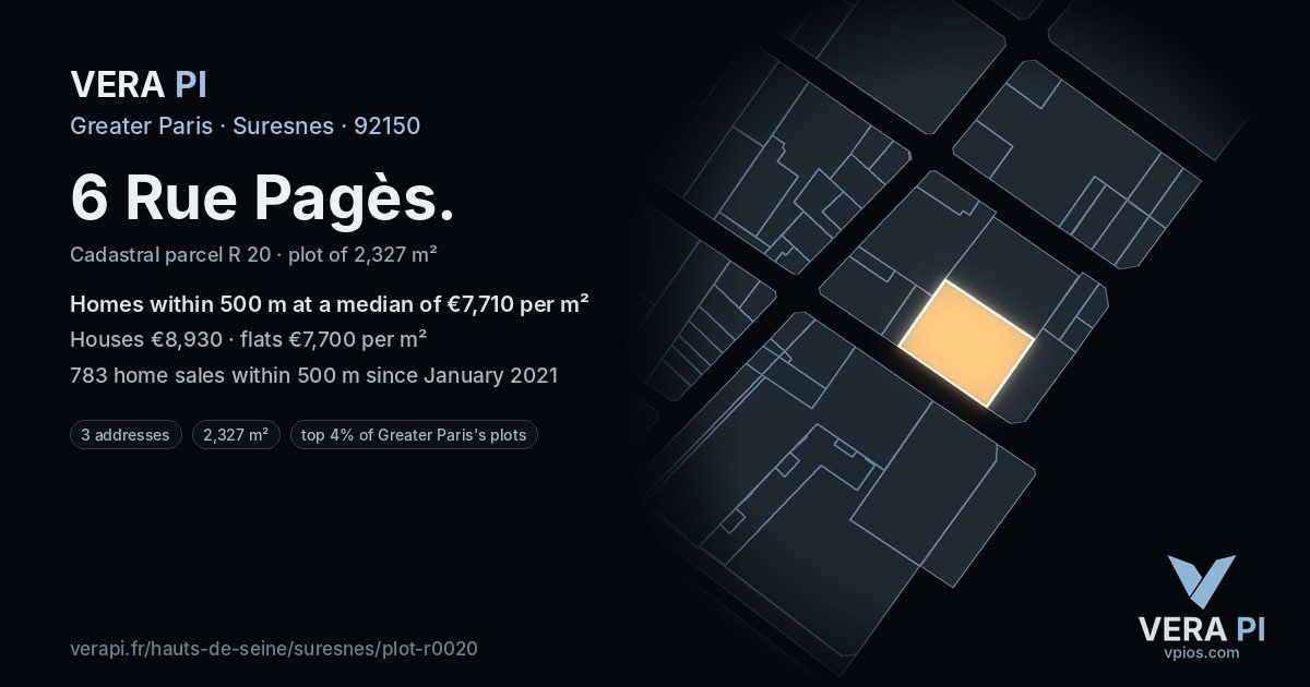 6 Rue Pagès, Suresnes at night – the plot lit, the parcels around coloured by the prices near them