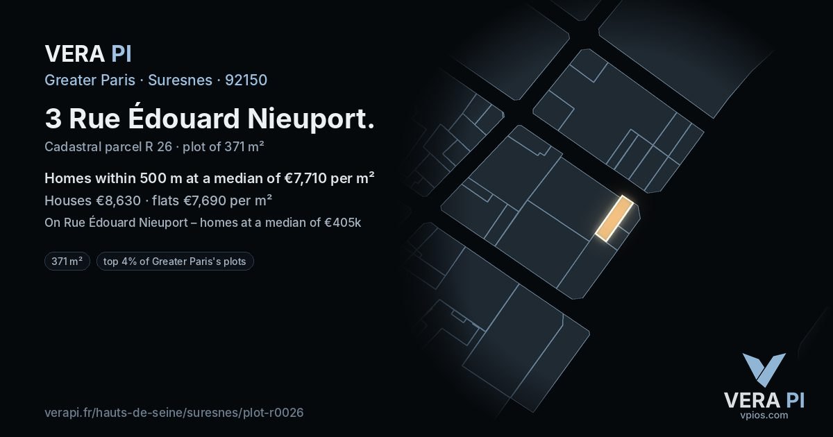 3 Rue Édouard Nieuport, Suresnes at night – the plot lit, the parcels around coloured by the prices near them