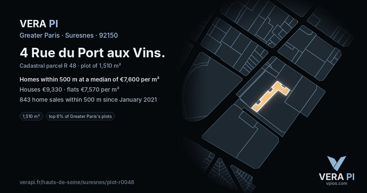 4 Rue du Port aux Vins, Suresnes at night – the plot lit, the parcels around coloured by the prices near them