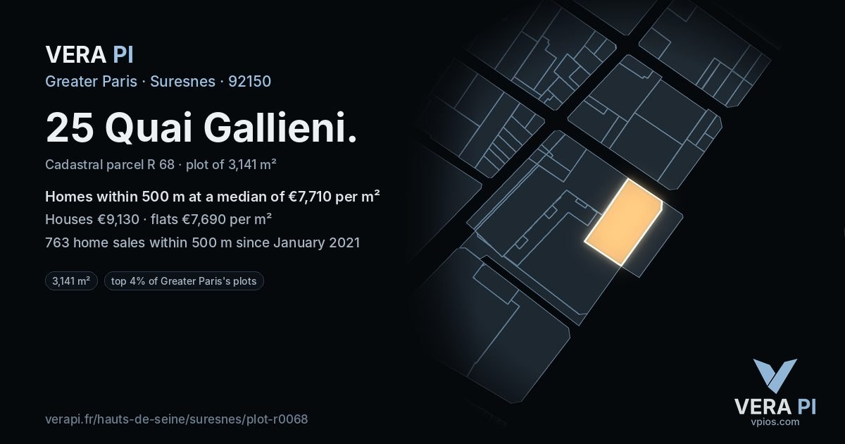 25 Quai Gallieni, Suresnes at night – the plot lit, the parcels around coloured by the prices near them