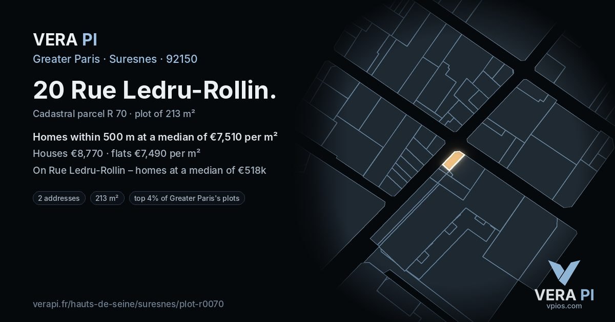 20 Rue Ledru-Rollin, Suresnes at night – the plot lit, the parcels around coloured by the prices near them