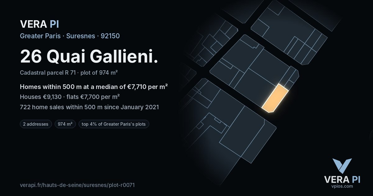 26 Quai Gallieni, Suresnes at night – the plot lit, the parcels around coloured by the prices near them