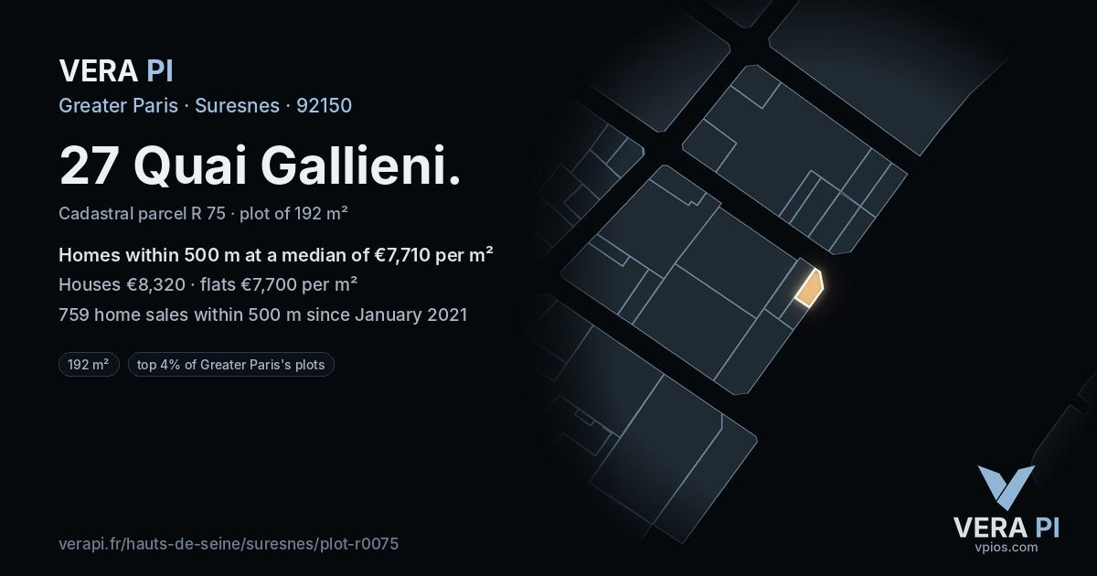 27 Quai Gallieni, Suresnes at night – the plot lit, the parcels around coloured by the prices near them