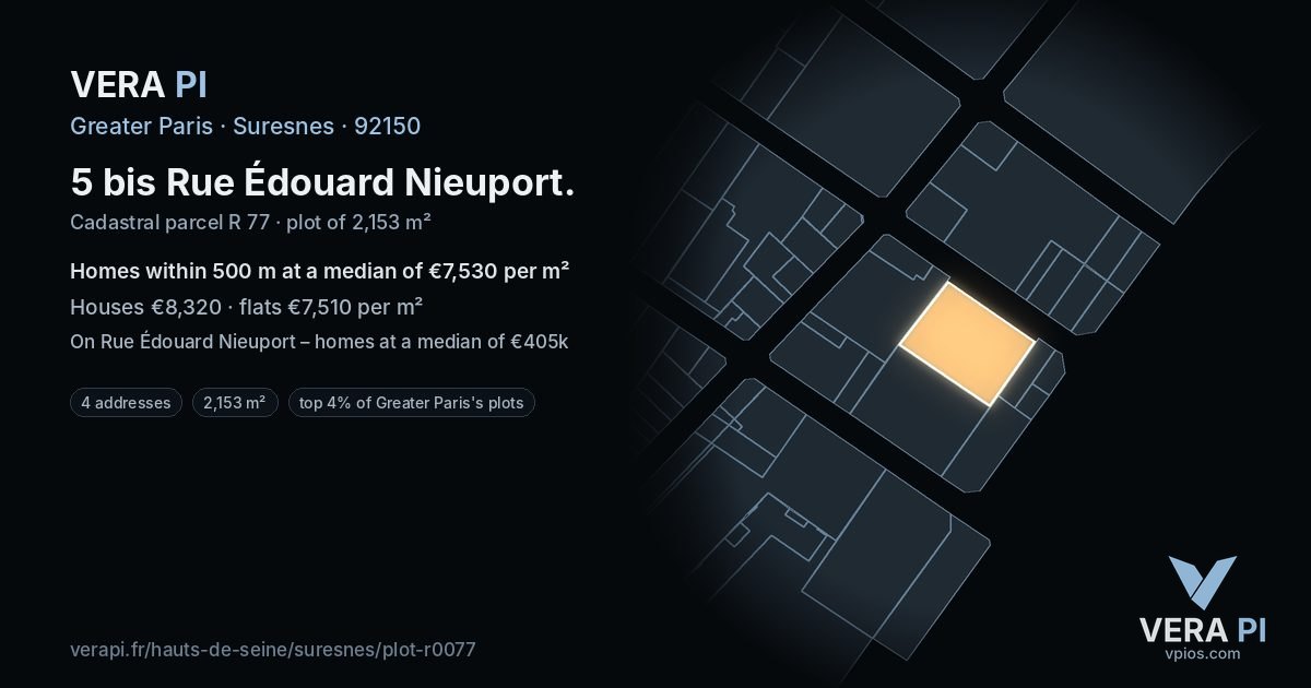 5 bis Rue Édouard Nieuport, Suresnes at night – the plot lit, the parcels around coloured by the prices near them