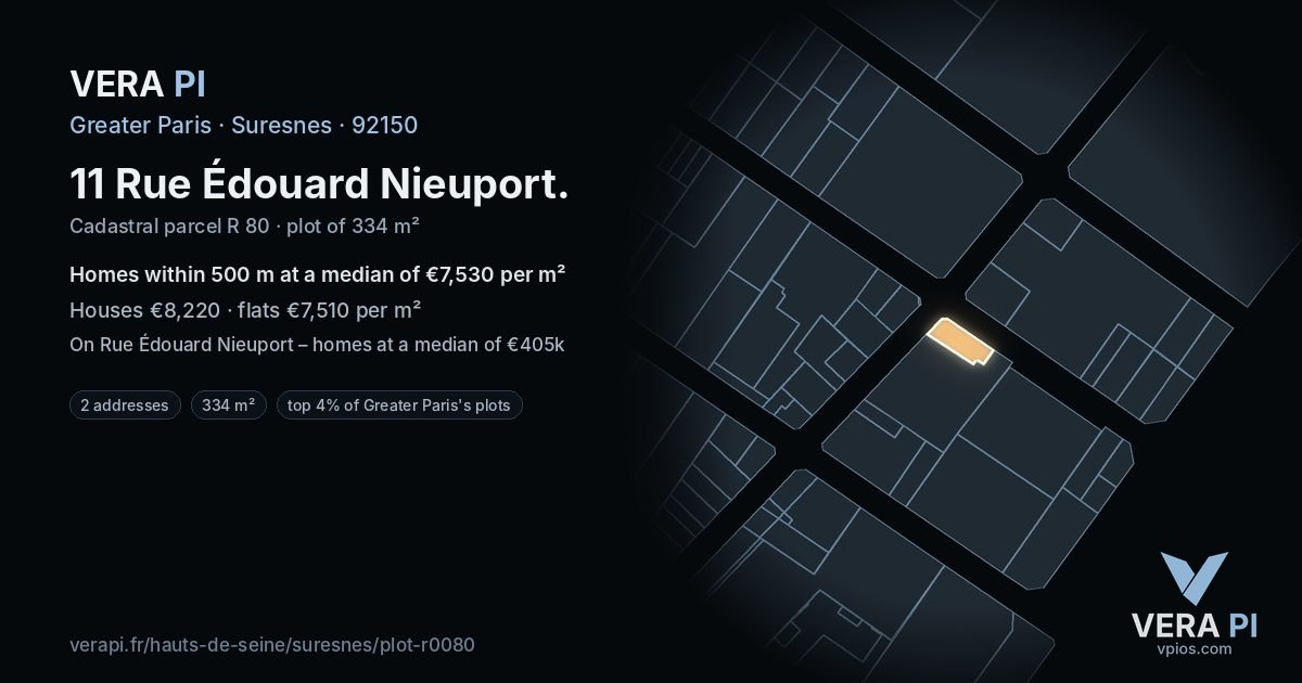 11 Rue Édouard Nieuport, Suresnes at night – the plot lit, the parcels around coloured by the prices near them