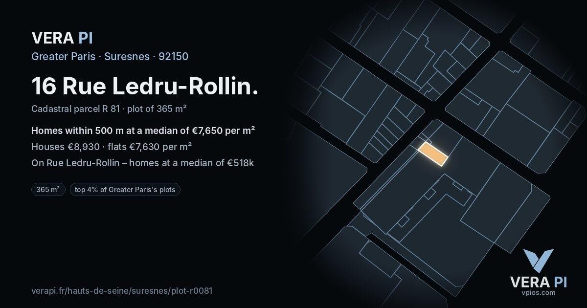 16 Rue Ledru-Rollin, Suresnes at night – the plot lit, the parcels around coloured by the prices near them