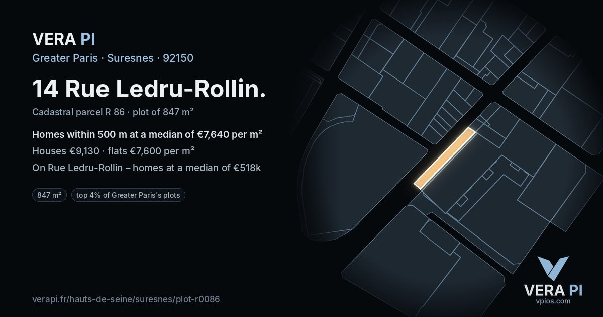 14 Rue Ledru-Rollin, Suresnes at night – the plot lit, the parcels around coloured by the prices near them
