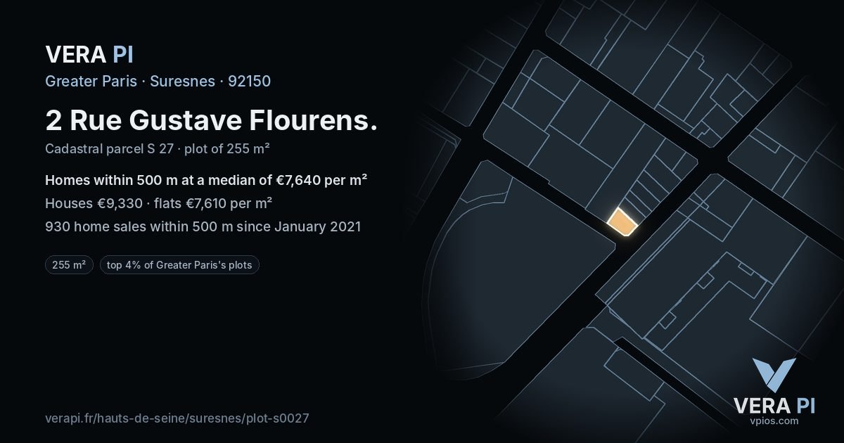 2 Rue Gustave Flourens, Suresnes at night – the plot lit, the parcels around coloured by the prices near them