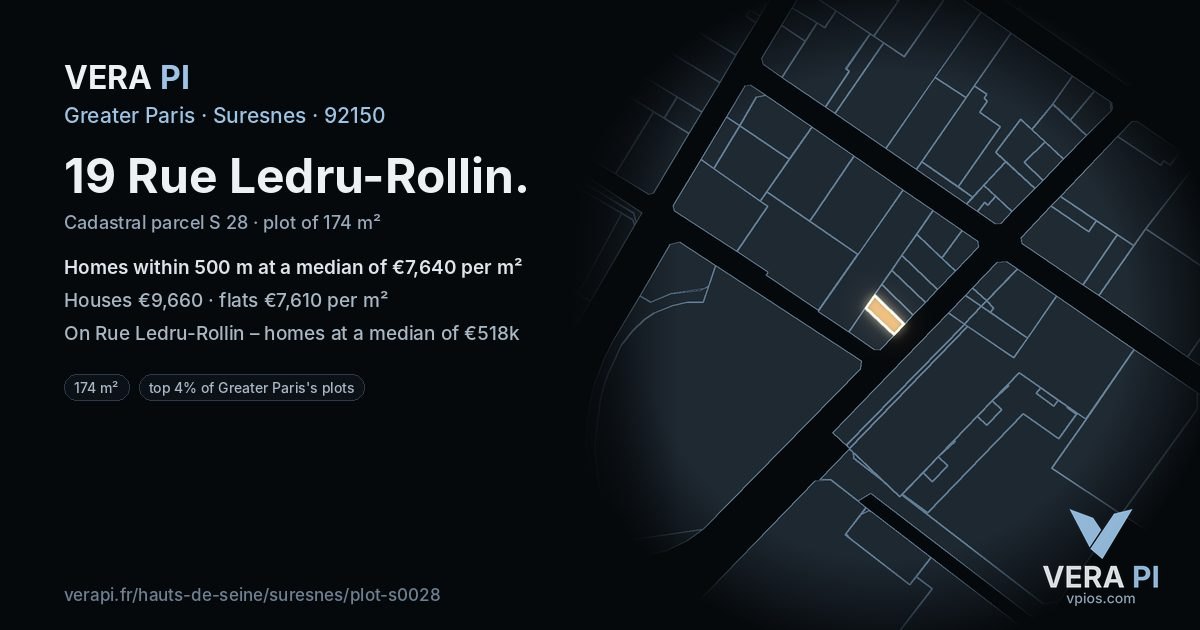 19 Rue Ledru-Rollin, Suresnes at night – the plot lit, the parcels around coloured by the prices near them