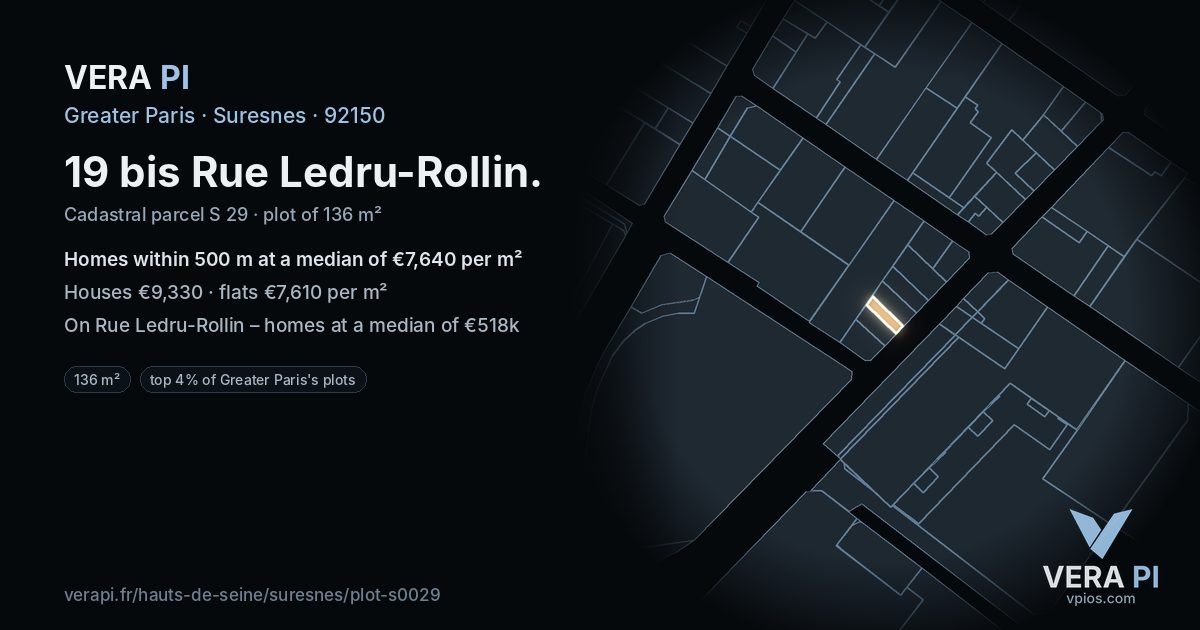 19 bis Rue Ledru-Rollin, Suresnes at night – the plot lit, the parcels around coloured by the prices near them