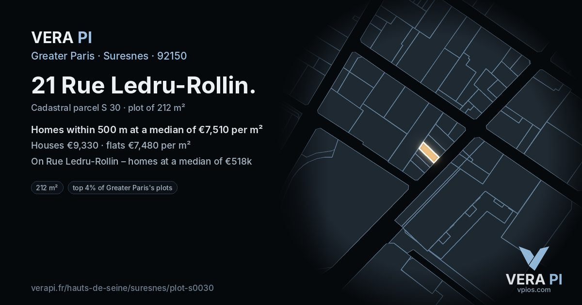 21 Rue Ledru-Rollin, Suresnes at night – the plot lit, the parcels around coloured by the prices near them