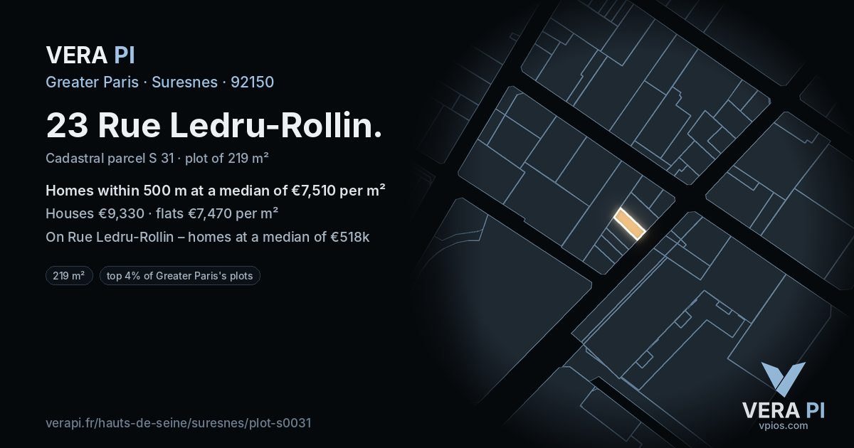 23 Rue Ledru-Rollin, Suresnes at night – the plot lit, the parcels around coloured by the prices near them