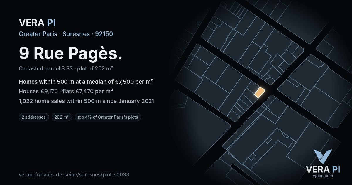 9 Rue Pagès, Suresnes at night – the plot lit, the parcels around coloured by the prices near them