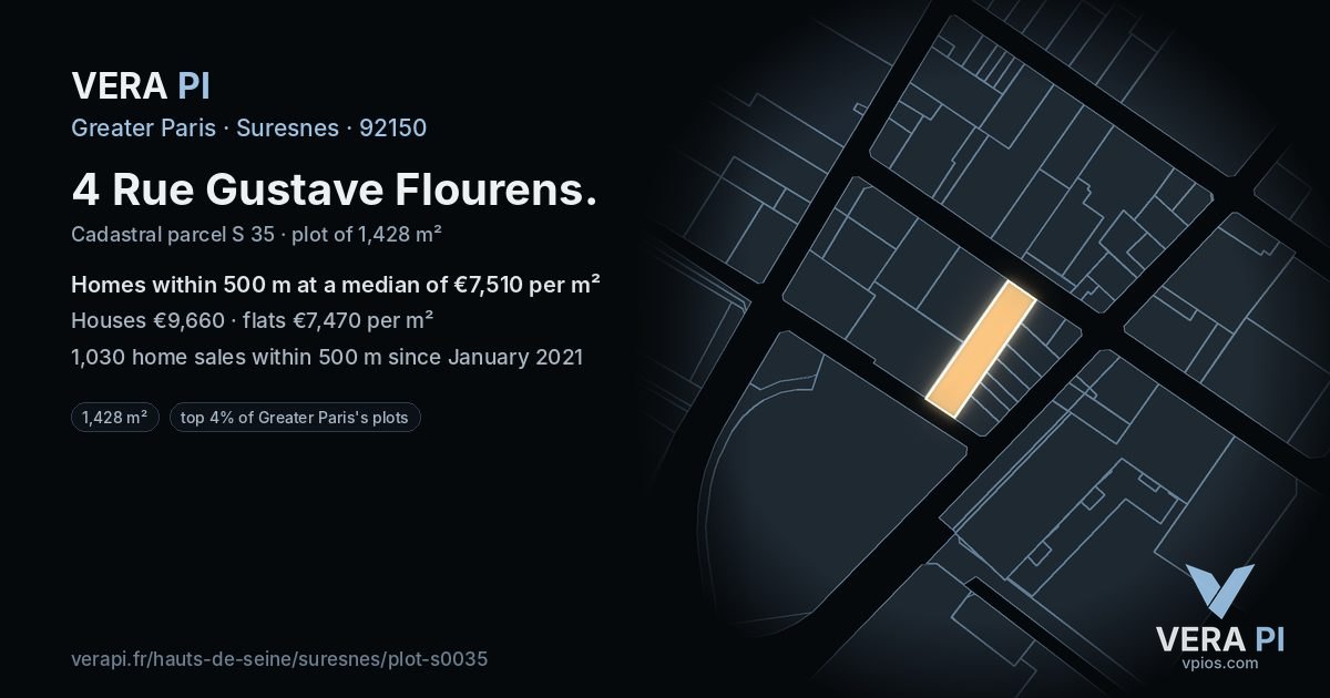 4 Rue Gustave Flourens, Suresnes at night – the plot lit, the parcels around coloured by the prices near them