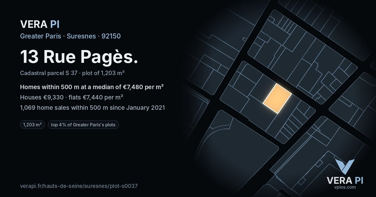 13 Rue Pagès, Suresnes at night – the plot lit, the parcels around coloured by the prices near them