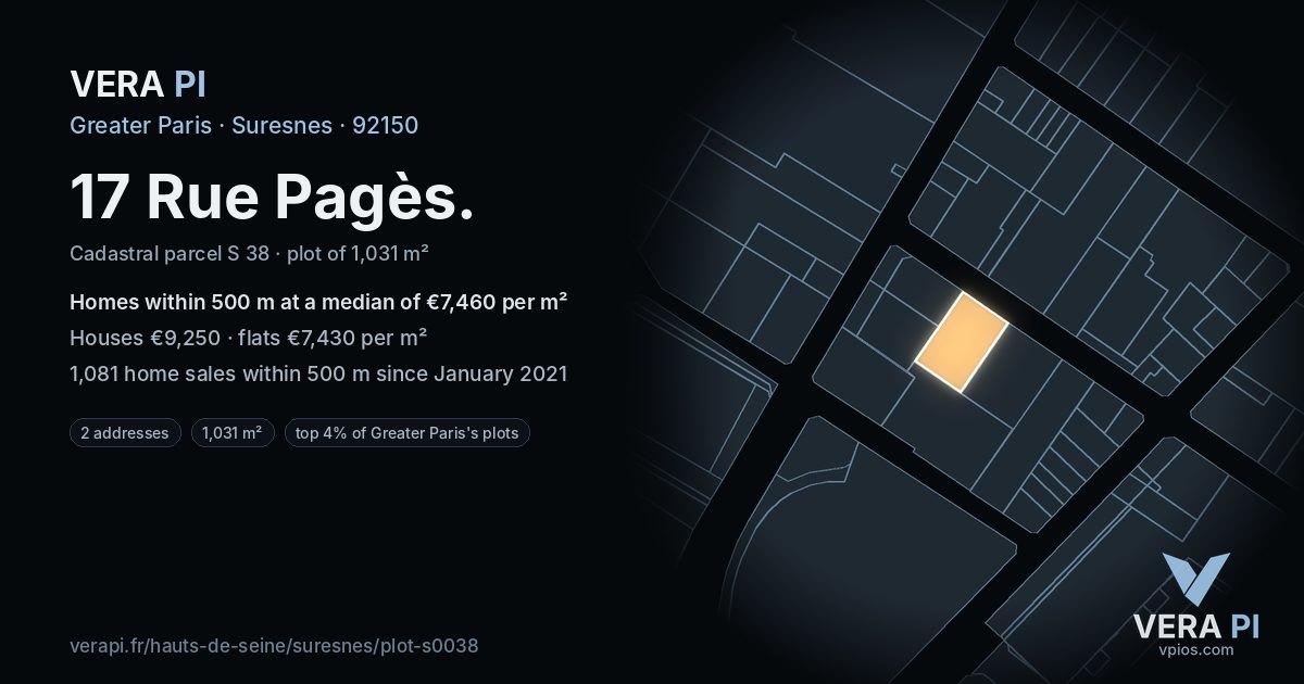 17 Rue Pagès, Suresnes at night – the plot lit, the parcels around coloured by the prices near them