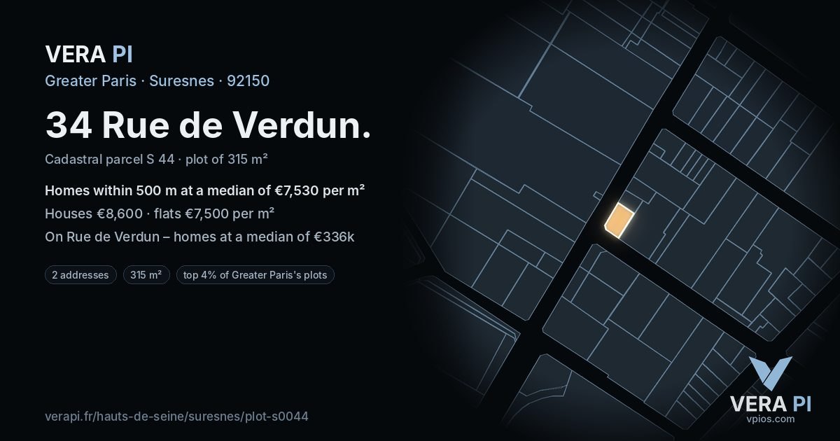 34 Rue de Verdun, Suresnes at night – the plot lit, the parcels around coloured by the prices near them