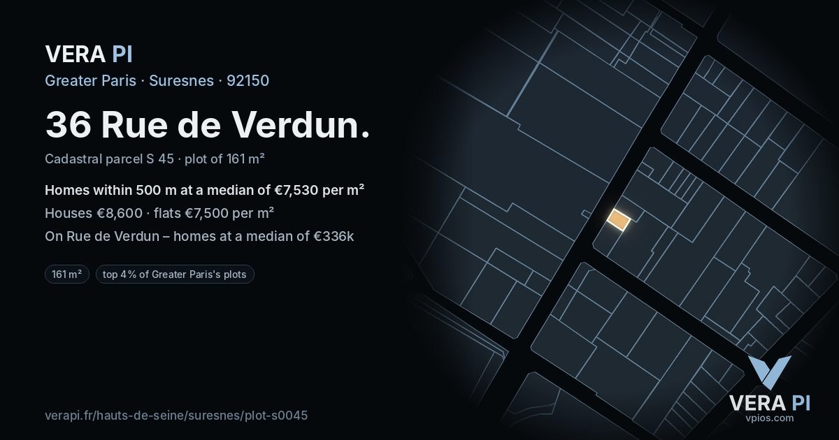 36 Rue de Verdun, Suresnes at night – the plot lit, the parcels around coloured by the prices near them