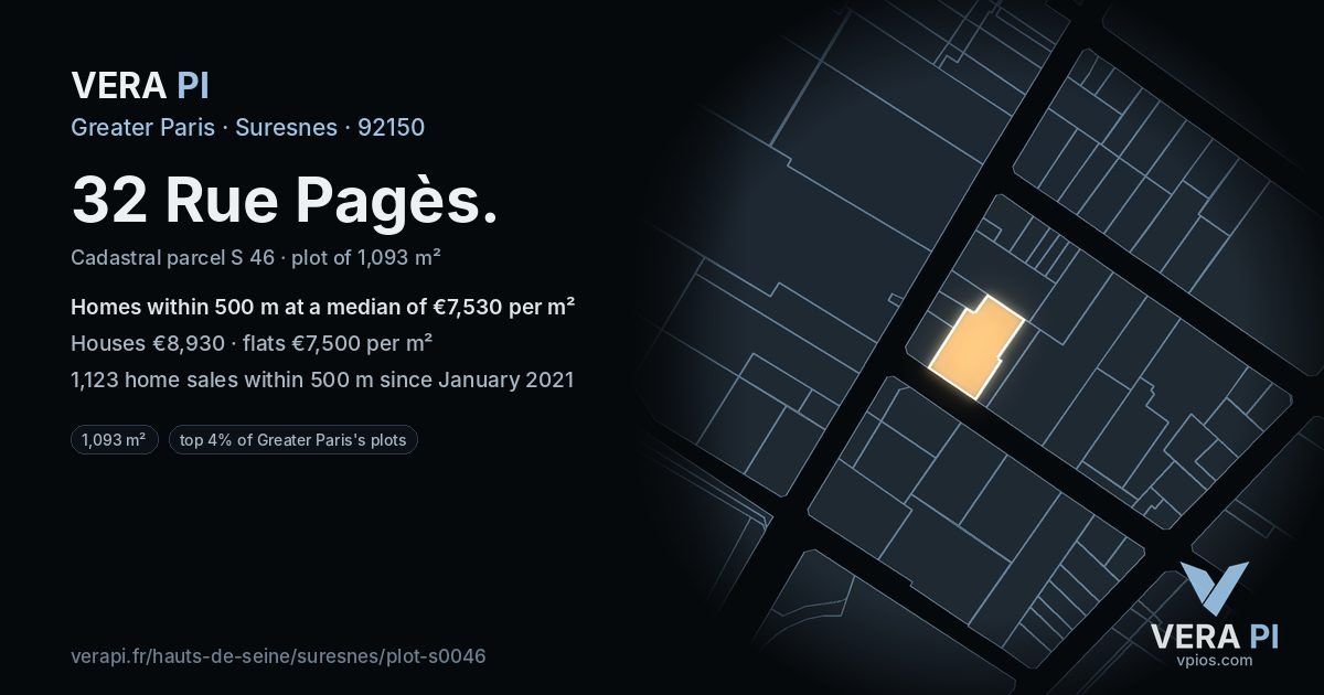 32 Rue Pagès, Suresnes at night – the plot lit, the parcels around coloured by the prices near them