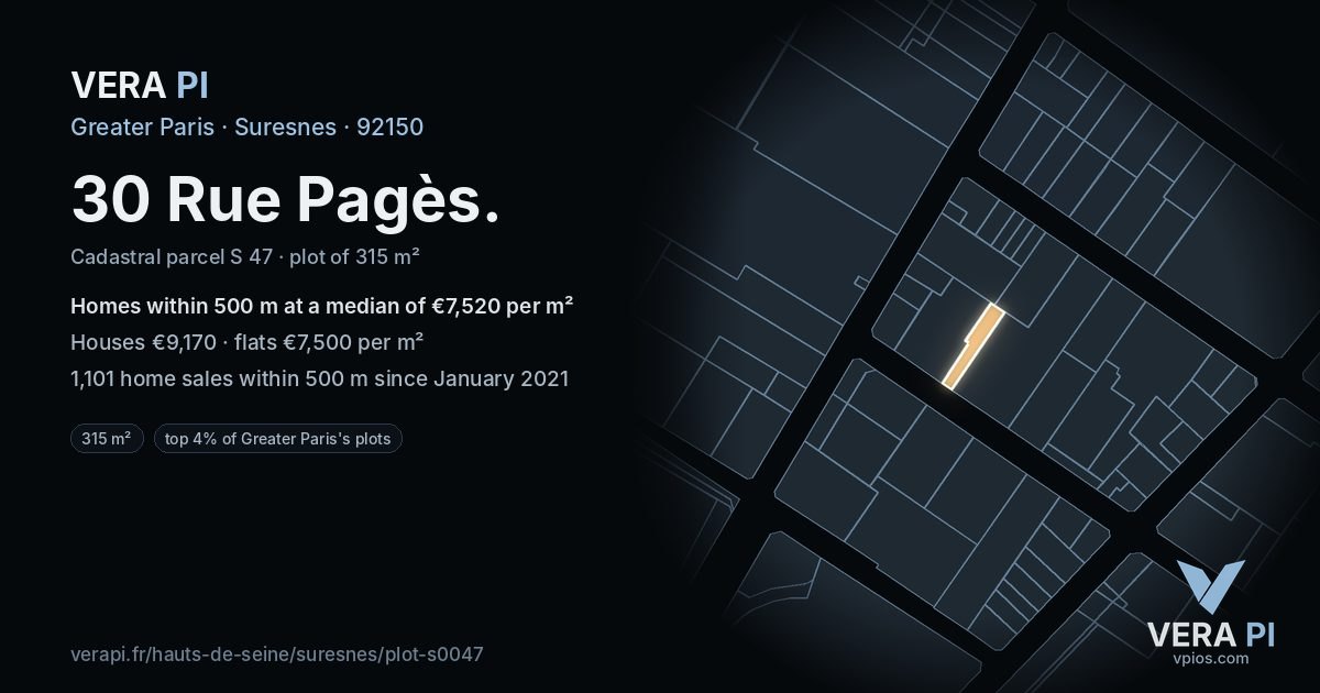 30 Rue Pagès, Suresnes at night – the plot lit, the parcels around coloured by the prices near them